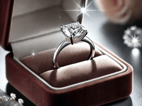 Diamond engagement ring from Rare Carat set on a velvet cushion.