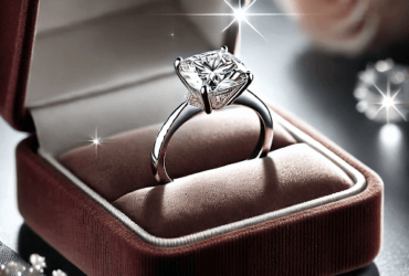 Diamond engagement ring from Rare Carat set on a velvet cushion.