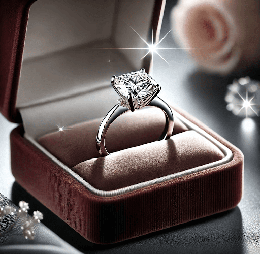 Diamond engagement ring from Rare Carat set on a velvet cushion.